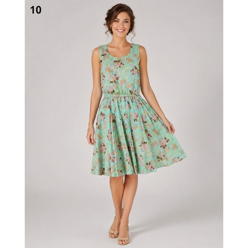 Nancy Dress Womens 165/88A Small Green Floral Pleated Lined Elastic Waist Spring